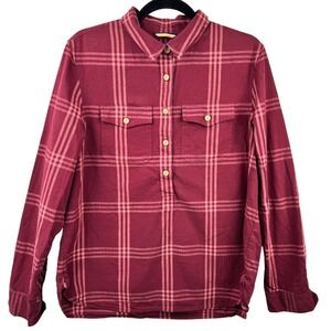 LL Bean Signature Plaid Popover‎ Shirt Womens Large Burgundy Red Cotton Outdoors